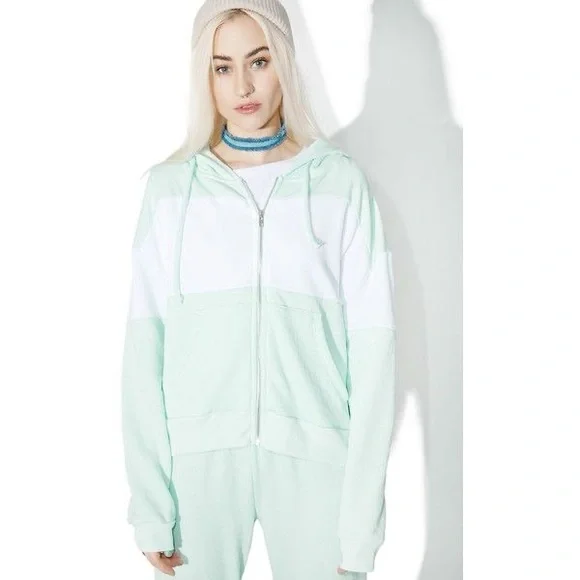 Wildfox Essentials mint green white blocked marquis zip hoodie sweater S small - Picture 11 of 12